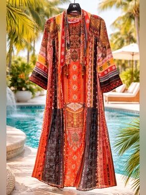 Soft Surroundings Boho Patchwork Caftan Kimono Duster Resort Cover Up Medium